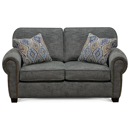 Traditional Loveseat with Rolled Arms and Nailhead Trim